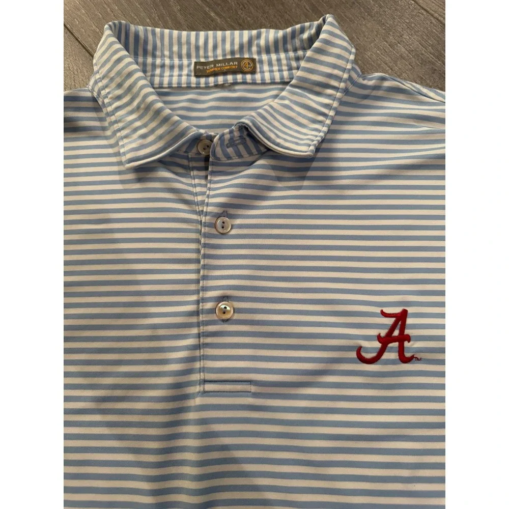 Peter Millar Alabama Crimson Tide Polo Shirt Mens XXL Blue White Stripe Golf Top - Picture 2 of 4